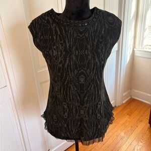 Boutique Black Abstract Top with Beaded Neckline | Pleated Hem | Size S